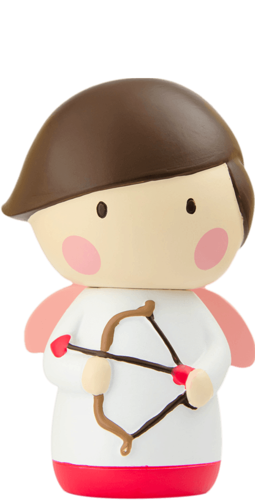 Plu & Pia Momiji doll with pink wings, rosy cheeks, brown hair, and holding a bow and arrow. Collectible with secret message. — Momiji Doll