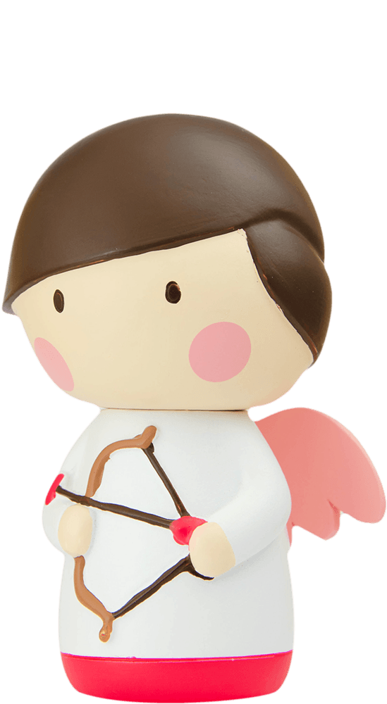 Plu & Pia Momiji doll with brown hair, pink wings, white outfit, holding a bow and arrow in cute Cupid style. — Momiji Doll