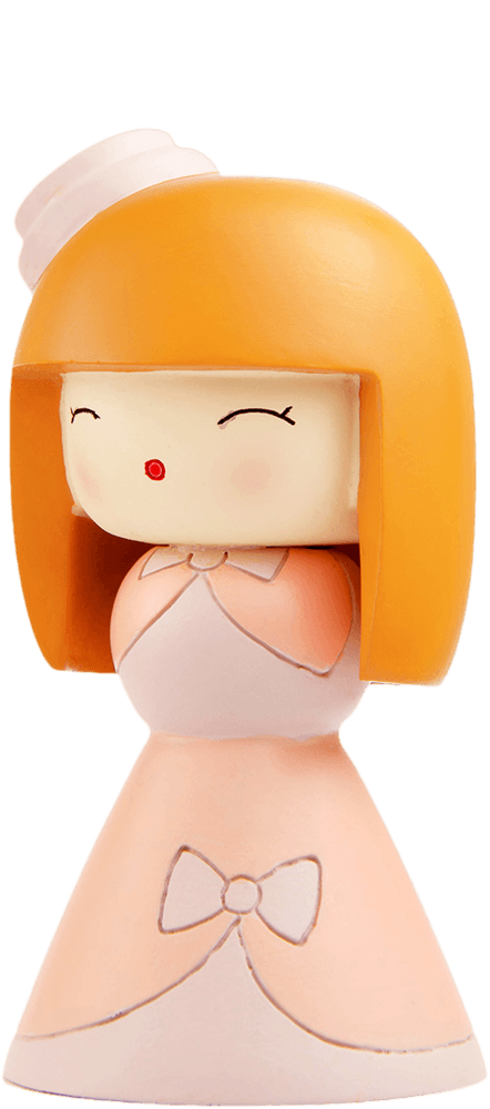 Lolita Momiji doll with straight orange hair, pink dress, small white hat, and a sweet smile. Inspired by Tokyo street style. — Momiji Doll