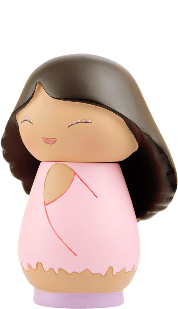 A smiling Momiji doll with long dark hair, closed eyes, and a pink dress stands against a light background. — Momiji Doll