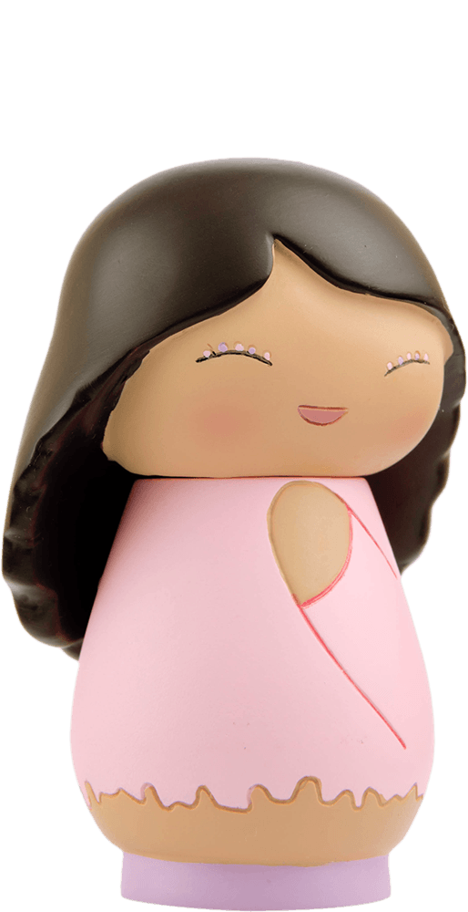 Kogal Momiji doll with dark hair, pink dress, closed eyes, and a soft smile; a kawaii collectible hiding a secret message. — Momiji Doll