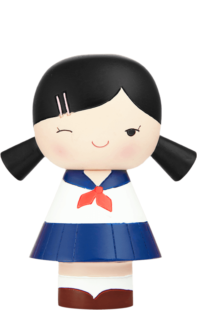 Sakura Momiji doll with black pigtails, winking, in a blue sailor uniform; vinyl collectible hiding a secret message inside. — Momiji Doll