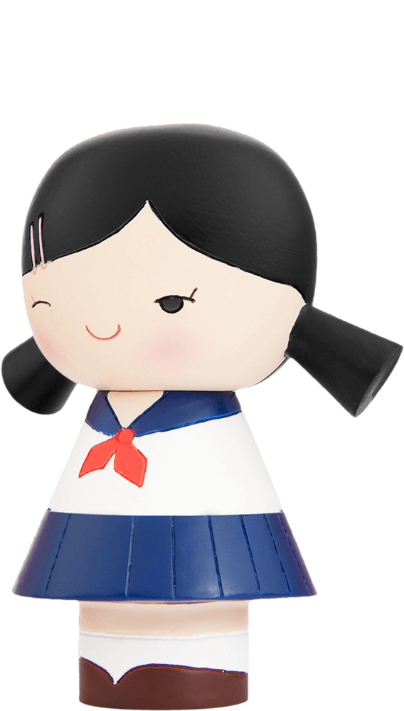 Sakura Momiji doll with black pigtails, a wink, blue and white school uniform, red necktie; hides a secret message. — Momiji Doll