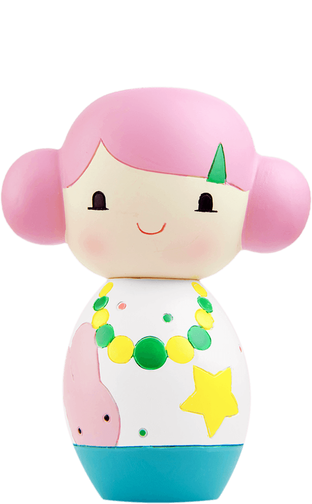 Pinku Momiji doll with pink hair, green hairpin, and colorful decorations. Vinyl collectible with secret message slot. — Momiji Doll
