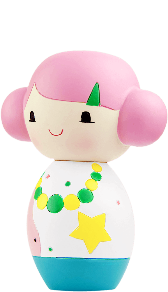 Pinku Momiji doll with pink hair, white outfit, green beads, and a yellow star; features kawaii style and collectible charm. — Momiji Doll