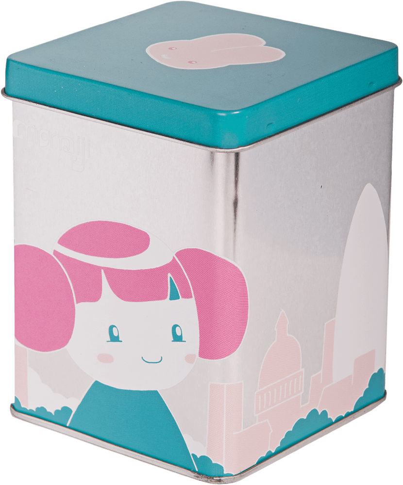 Pinku metal tin with Momiji doll character and pink-teal cityscape; features kawaii details inspired by Tokyo street culture. — Momiji Doll