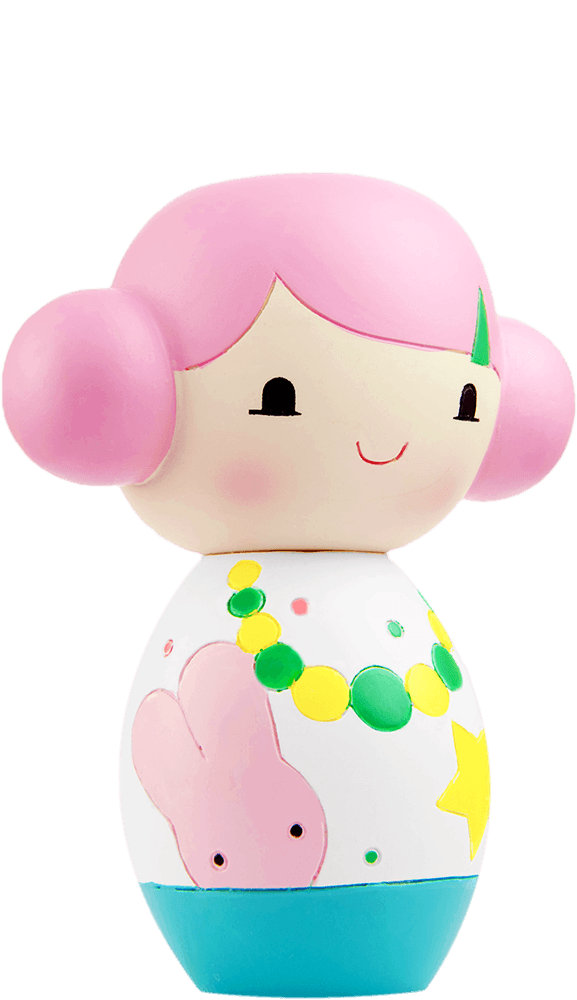 Pinku Momiji doll with pink hair, smiling face, colorful outfit, bunny detail, and a yellow star. — Momiji Doll