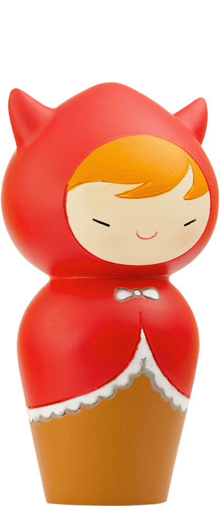 Ruby Momiji doll with orange hair, red hood, sweet smile, and hidden message; inspired by Little Red Riding Hood. — Momiji Doll