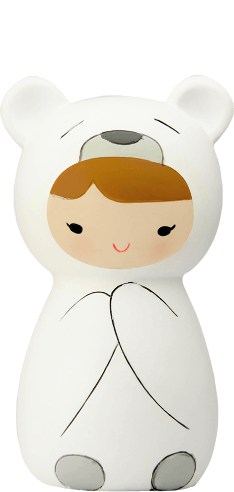 Polo Momiji doll dressed as a cheerful child in a cute white polar bear costume, hiding a secret message inside. — Momiji Doll