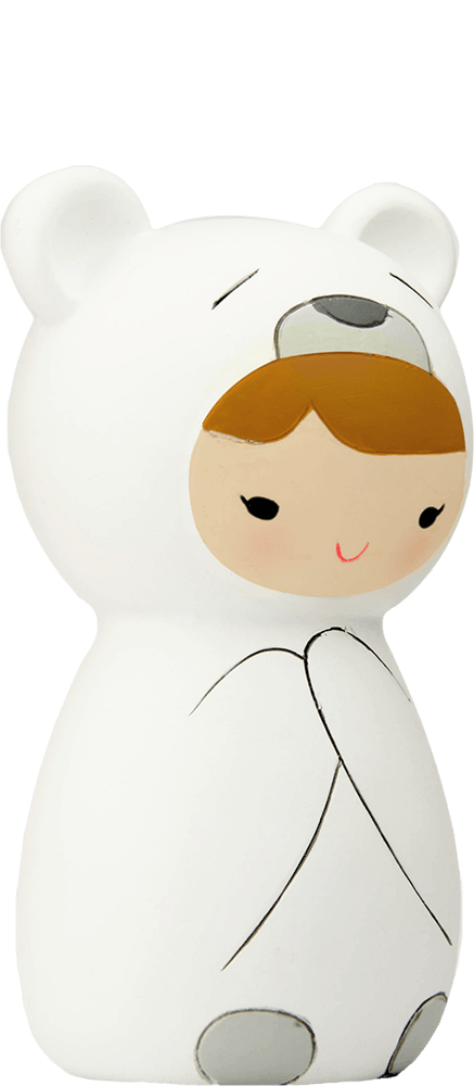 Polo Momiji doll: child character in a fluffy white bear costume, smiling with eyes closed. Includes hidden message slot. — Momiji Doll