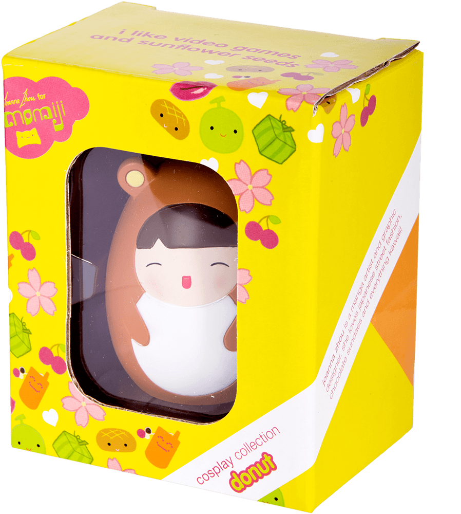 A yellow box with kawaii graphics showcases Donut, a bear-themed Momiji doll from the Cosplay Collection. — Momiji Doll