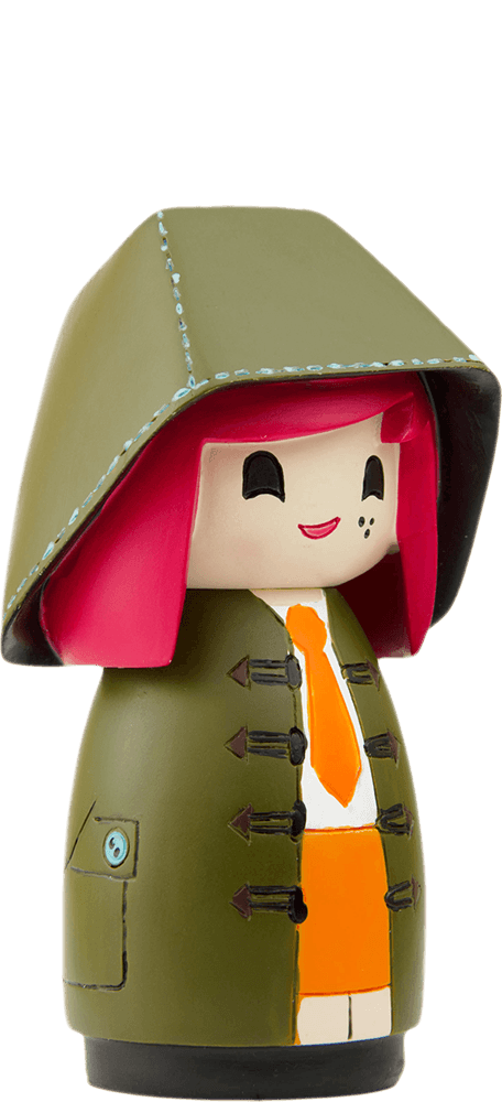 Momiji doll Mabel with pink hair, green hooded coat, orange tie and skirt, and a beauty mark. Collectible with secret message. — Momiji Doll