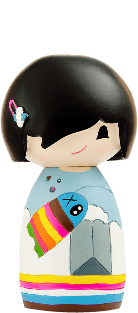 Sonny Momiji doll with black hair, pink hairclip, and a rainbow kite design on her blue dress. Collectible kawaii character. — Momiji Doll