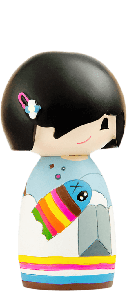 Sonny Momiji doll with black hair, blue hair clip, and a rainbow-striped fish pattern on her outfit. — Momiji Doll