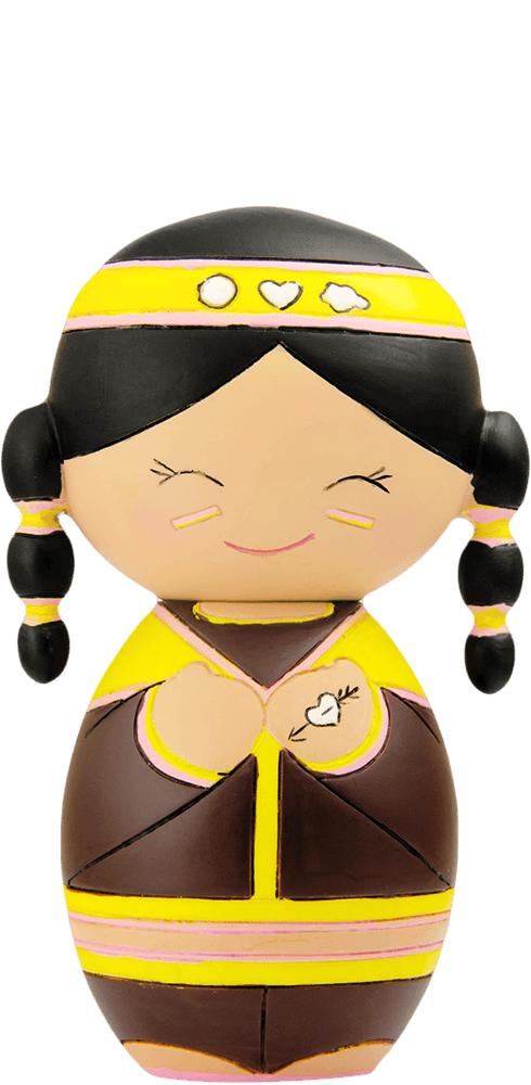 Souzi Momiji doll with black braids, a smiling face, and heart-print brown and yellow outfit. Collectible with secret message. — Momiji Doll