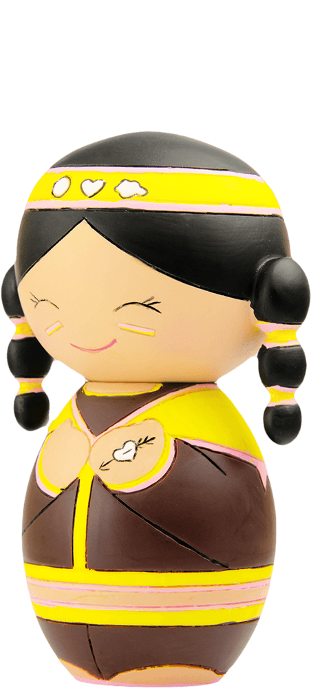 Souzi Momiji doll with braids, headband, and yellow, brown, and pink outfit. Each Momiji doll hides a secret message inside. — Momiji Doll
