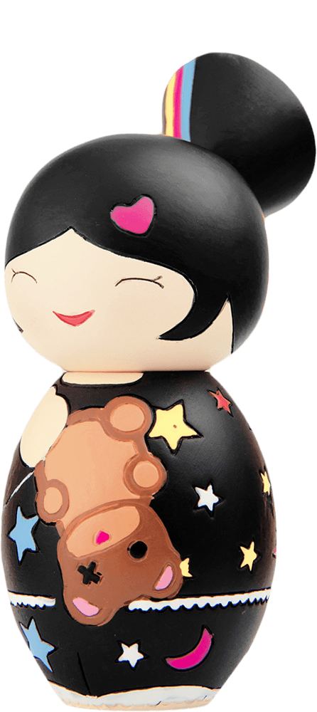 Nani Momiji doll with a topknot, closed-eye smile, black outfit with stars and teddy bear. Cute collectible hiding a message. — Momiji Doll