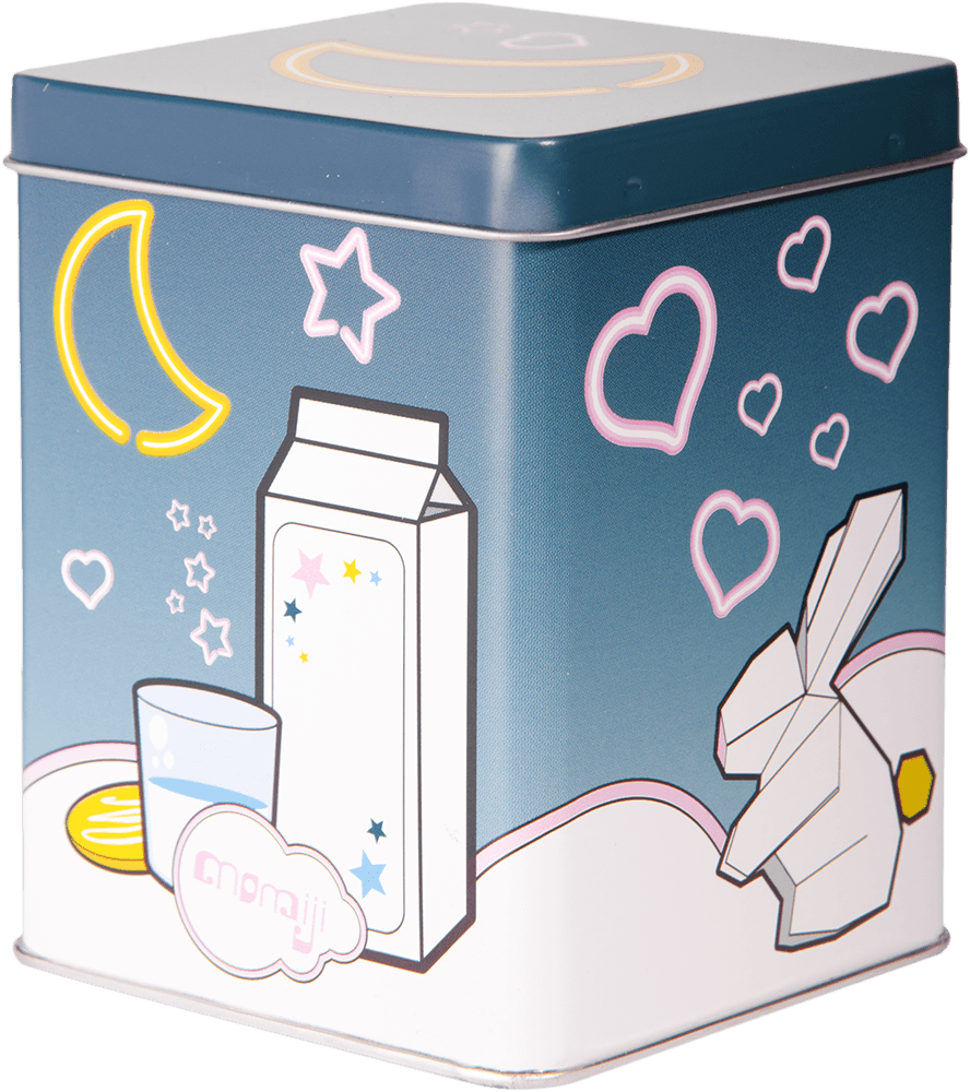 Nani Momiji doll tin box with cute milk carton, glass, moon, stars, hearts, and origami rabbit art; kawaii collectible. — Momiji Doll
