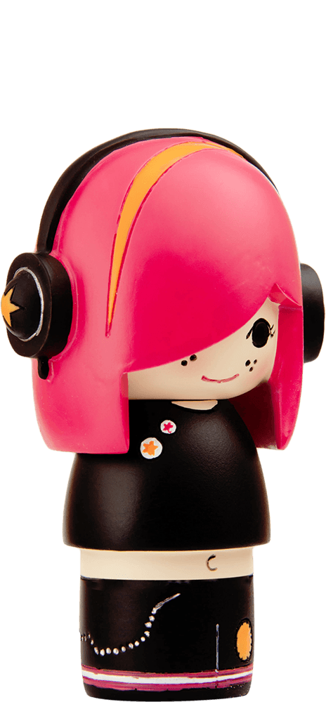 Luca is a collectible Momiji doll with pink hair, big headphones, a black outfit, and an adorable face. — Momiji Doll