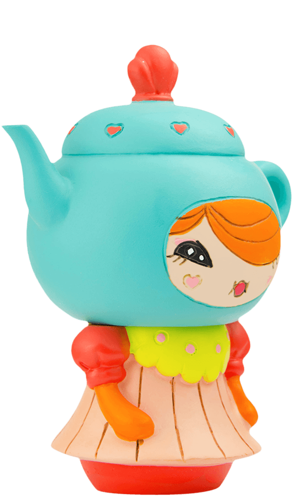 Cuppa-T Momiji doll with orange hair, blue teapot lid hat, and colorful accents. Collectible with hidden message inside. — Momiji Doll