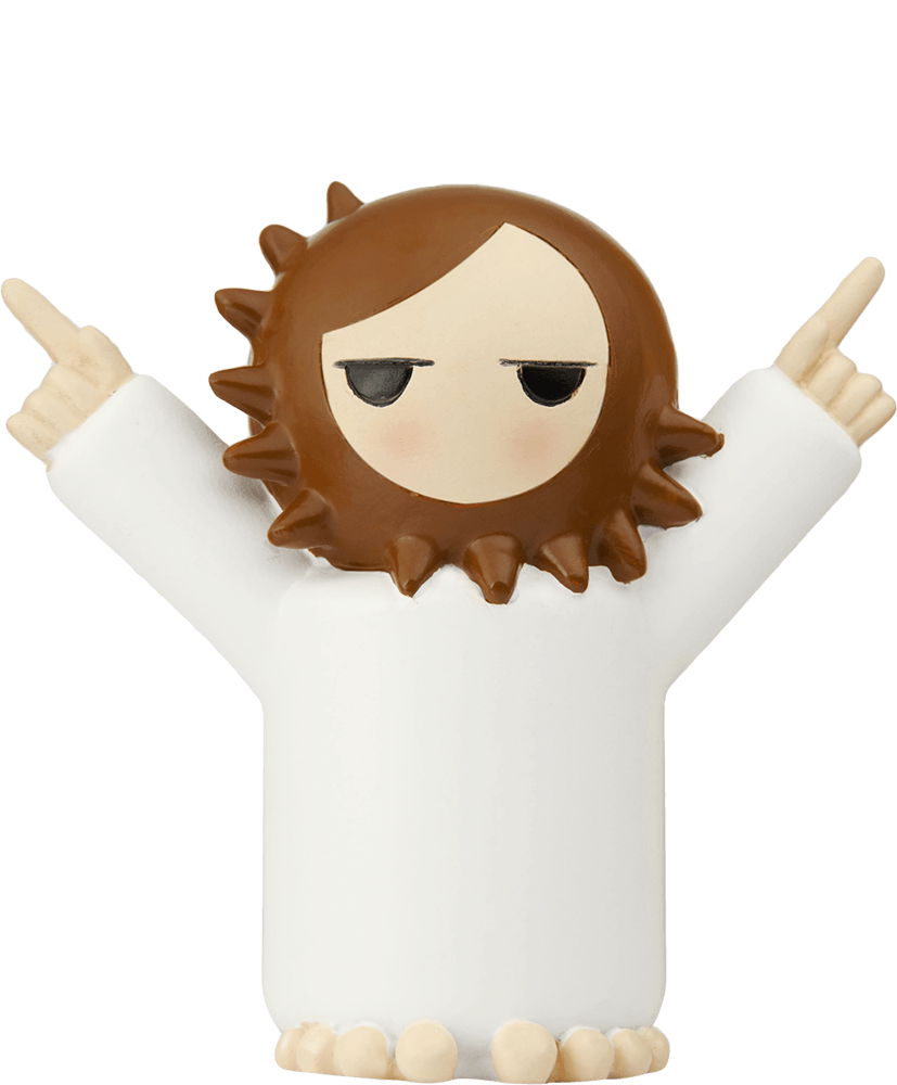 Coming Soon Momiji doll with brown spiky hair, white robe, and both hands pointing upward. Cute collectible with secret message. — Momiji Doll
