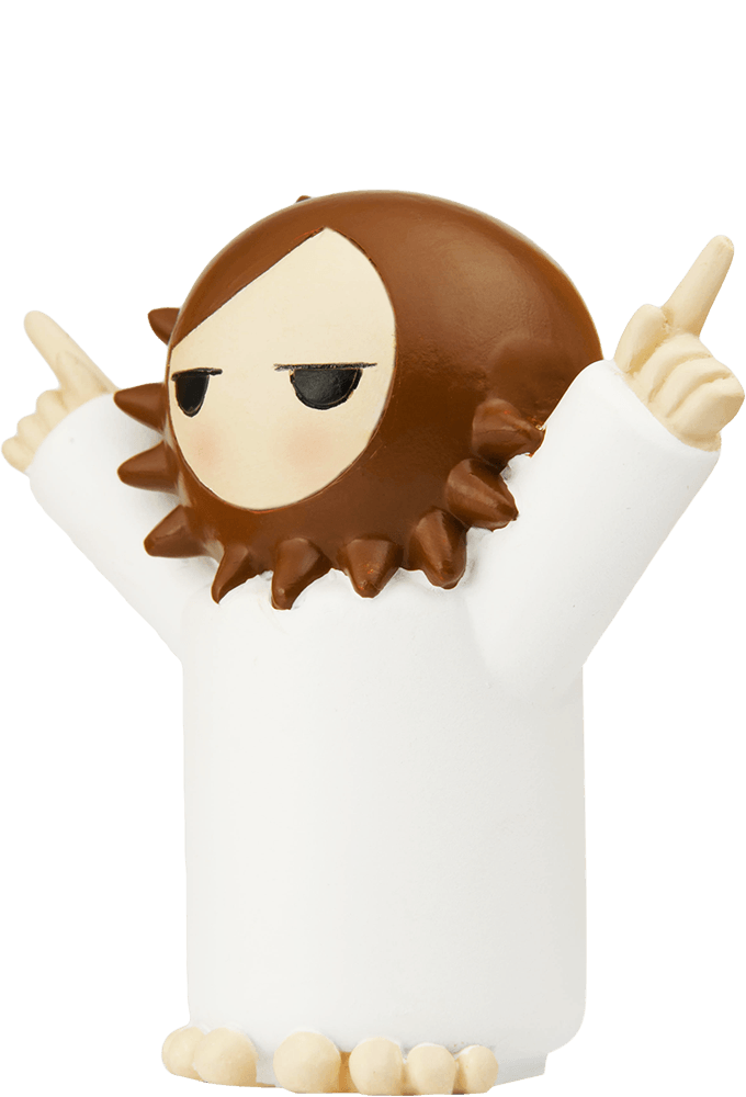 Momiji "Coming Soon" doll with brown spiky hair, white robe, and both arms lifted high, pointing upward. Secret message inside. — Momiji Doll