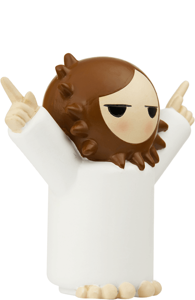 Momiji doll "Coming Soon" with a brown lion head, white robe, and raised arms. Kawaii collectible with hidden message inside. — Momiji Doll