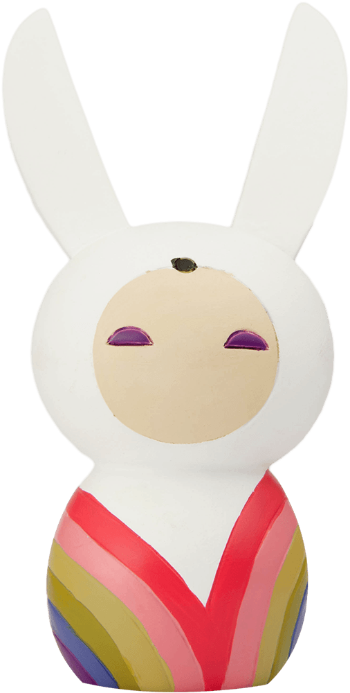 Busted Bunny Momiji doll: white bunny character with closed eyes, wearing a red, yellow, pink, and blue striped outfit. — Momiji Doll