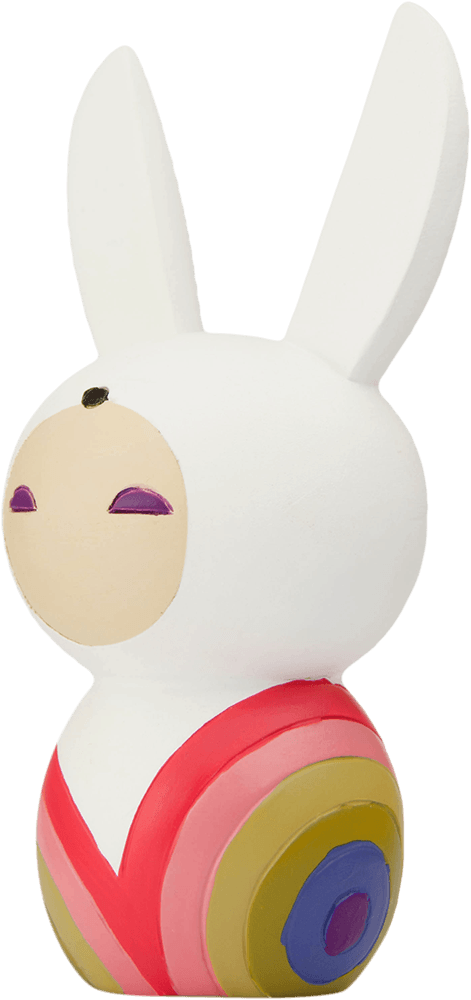 Busted Bunny Momiji doll: white bunny with closed eyes, colorful patterns, and cute details. Collectible kawaii character doll. — Momiji Doll