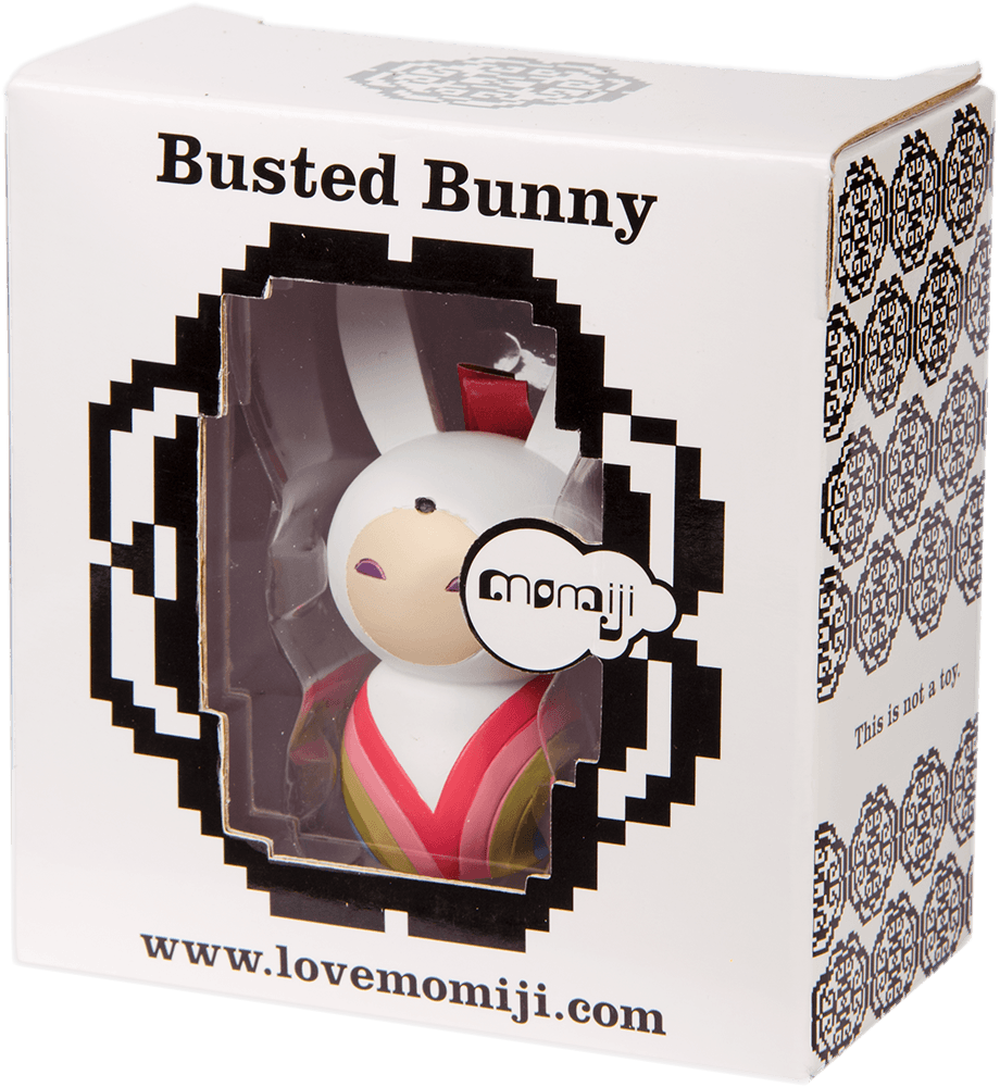 Busted Bunny Momiji doll in a cute patterned box with window, showing the kawaii bunny character—ideal for gifting. — Momiji Doll