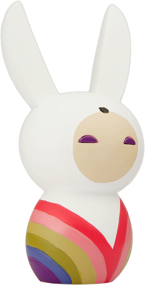Busted Bunny Momiji doll: white bunny with closed purple eyes, rainbow-striped body; cute collectible hiding a secret message. — Momiji Doll
