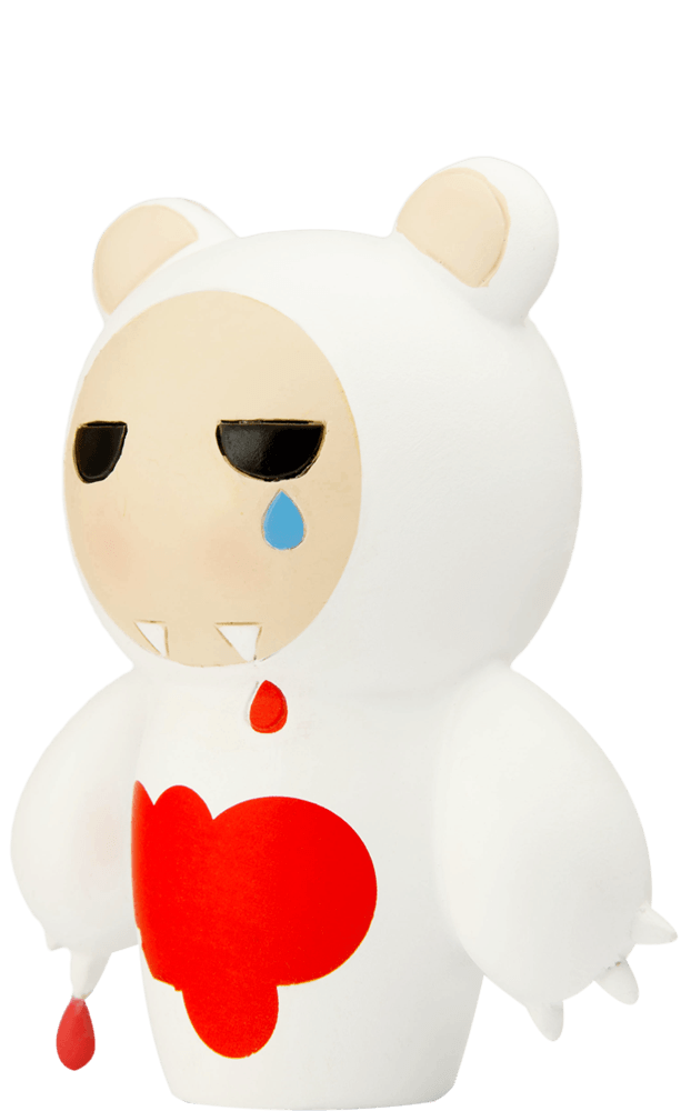 The I don't care bear Momiji doll: white, kawaii, fangs, blue teardrop, heart chest, red paw drops. Collectible character. — Momiji Doll