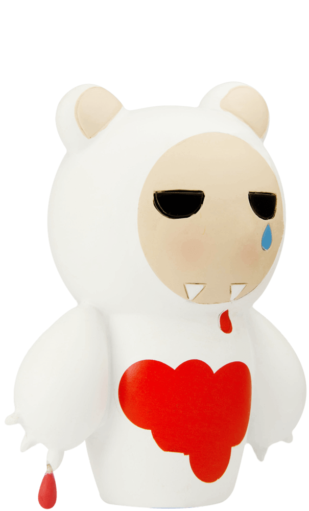 Momiji doll "I don't care bear" with a red bleeding heart, blue teardrop, and a sad kawaii expression. — Momiji Doll