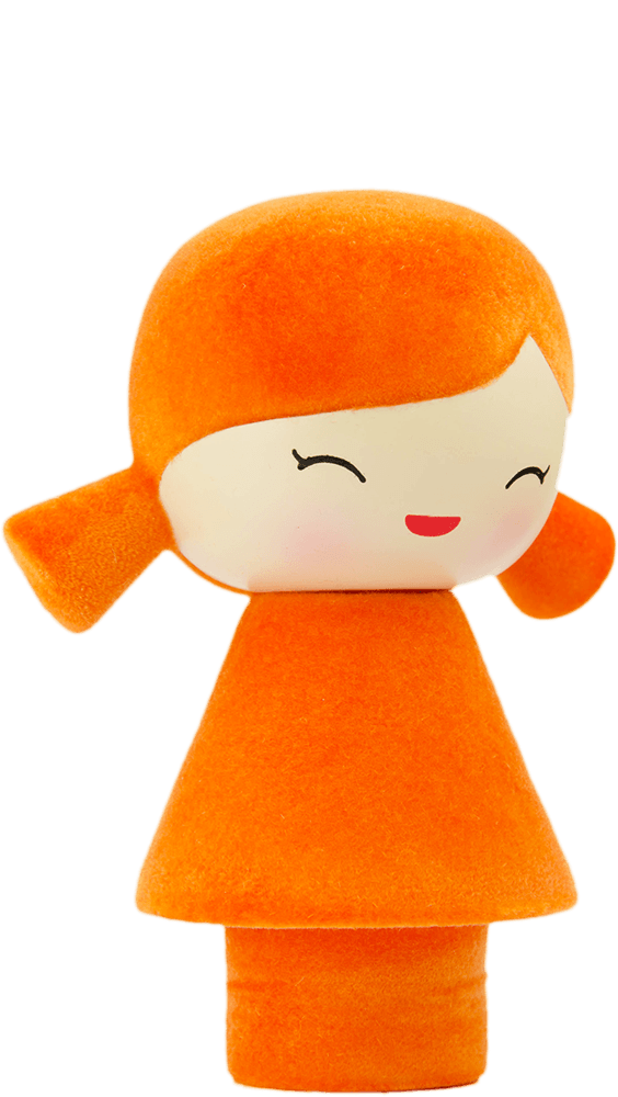 Tiger Momiji doll with orange hair in pigtails, orange dress, simple cheerful face; adorable collectible with secret message. — Momiji Doll