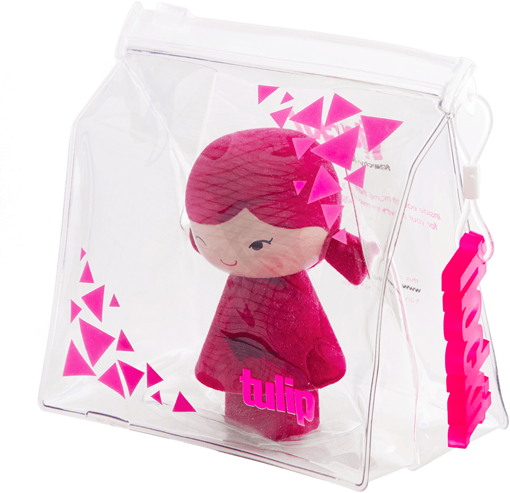 Momiji doll "Tulip" with pink ponytail in clear bag, decorated with pink triangles and “Tulip” printed on the front. — Momiji Doll