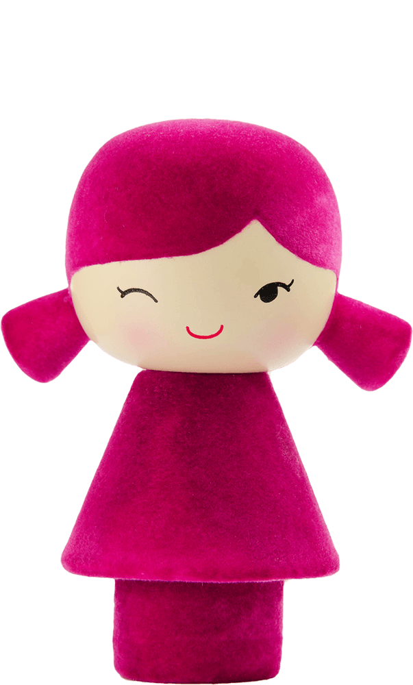 Tulip Momiji doll with pink hair in pigtails, cute dress, winking and smiling, set against a simple background. — Momiji Doll