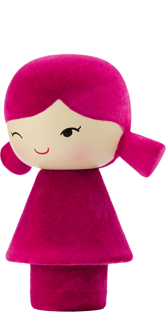 Tulip Momiji doll with bright pink hair, pink dress, and a playful winking smile. Collectible kawaii vinyl character. — Momiji Doll