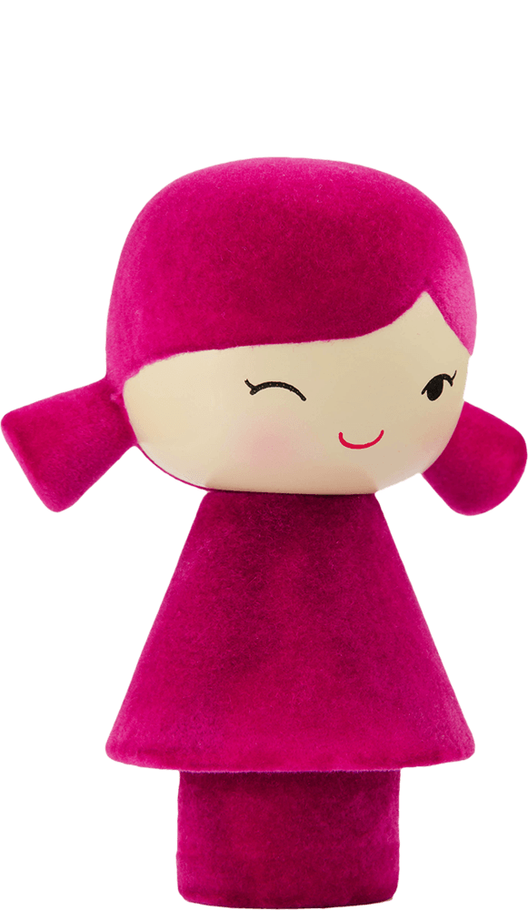 Tulip Momiji doll with bright pink hair, pink dress, winking smile; kawaii collectible hiding a secret message inside. — Momiji Doll