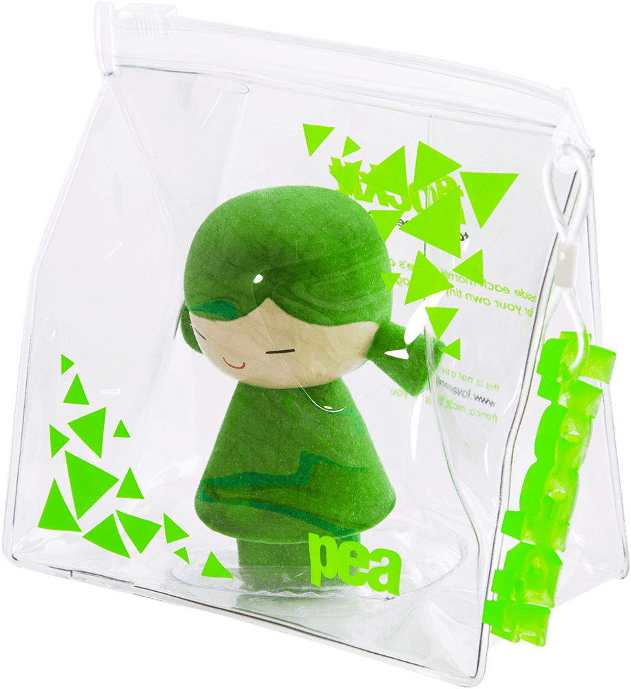 Momiji doll Pea with a winking face sits in a clear pouch decorated with green triangles. — Momiji Doll