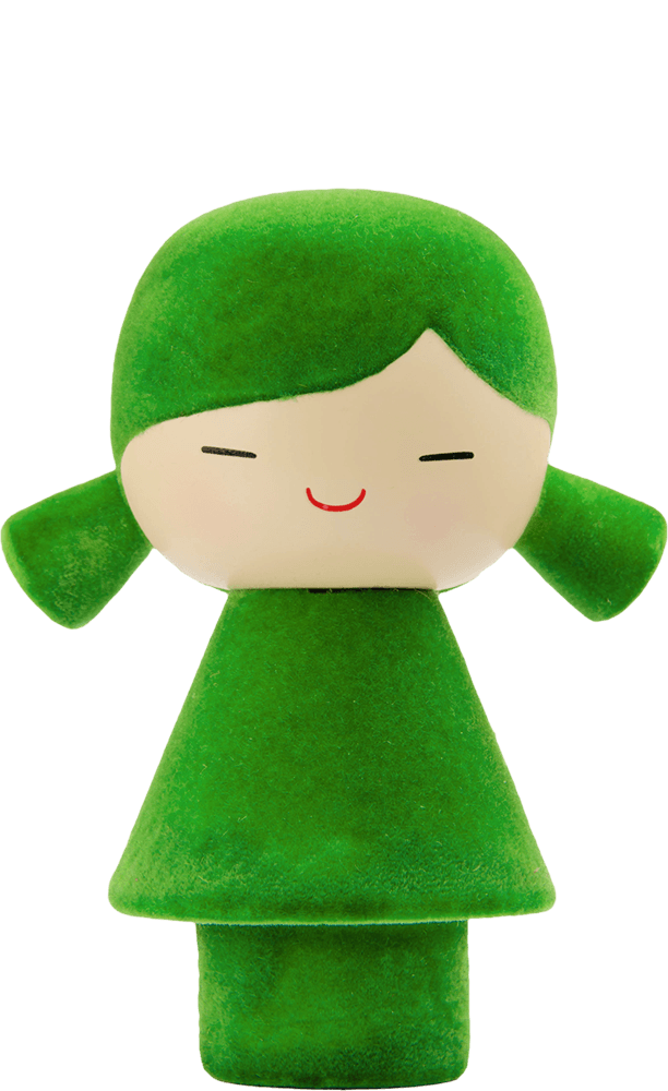 Pea Momiji doll: green, minimalist, with a round head, simple cute face, flat hair; collectible with hidden message inside. — Momiji Doll