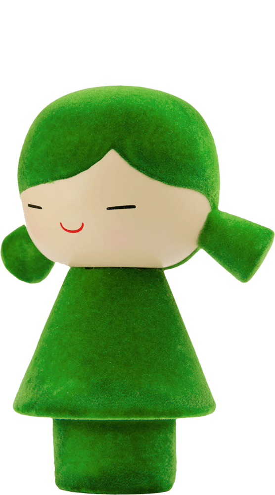 Pea Momiji doll: Green hair, smiling face, triangle green dress. Kawaii collectible with secret message slot. — Momiji Doll