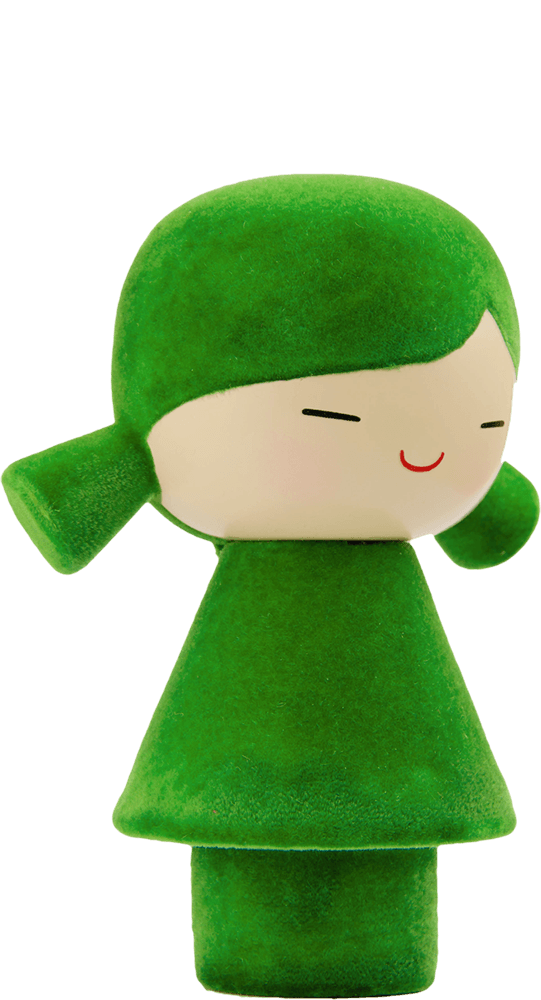 Pea Momiji doll: small green collectible with round head, simple face, secret message slot, and triangular dress. — Momiji Doll