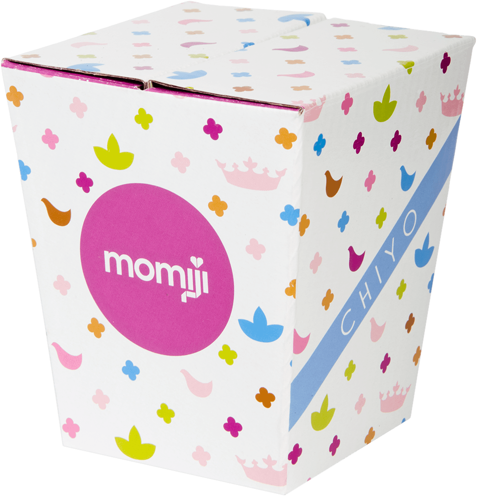 White box for CHIYO Momiji doll, with kawaii colorful patterns, pink momiji circle, and blue CHIYO stripe on the side. — Momiji Doll