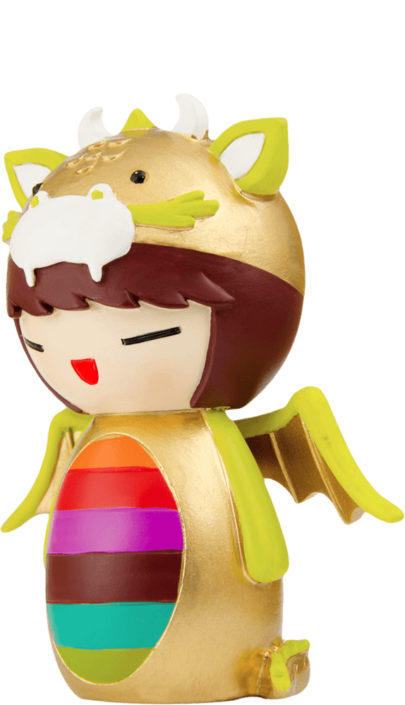 Marigold Momiji doll in a gold dragon suit with rainbow belly, kawaii wings, closed eyes, and a bright red smile. — Momiji Doll