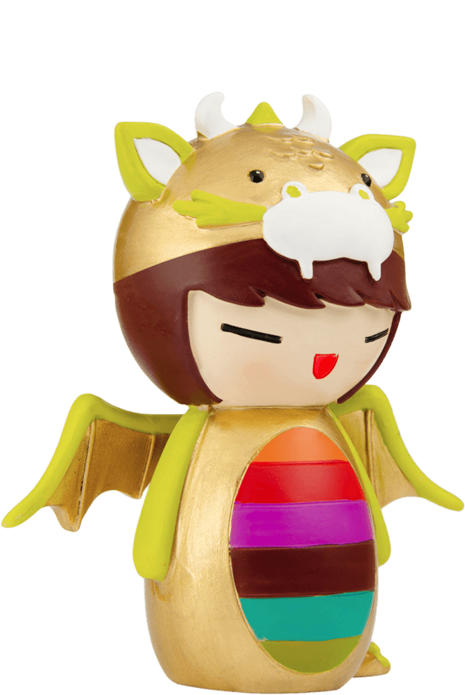 Marigold Momiji doll in a gold dragon costume with wings and a rainbow-striped belly, hiding a secret message inside. — Momiji Doll