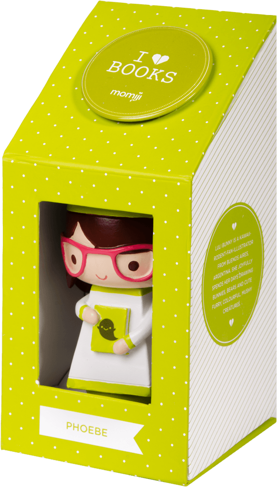 Phoebe Momiji doll with red glasses holds a book, in green polka dot box with an "I ♥ Books" label. — Momiji Doll