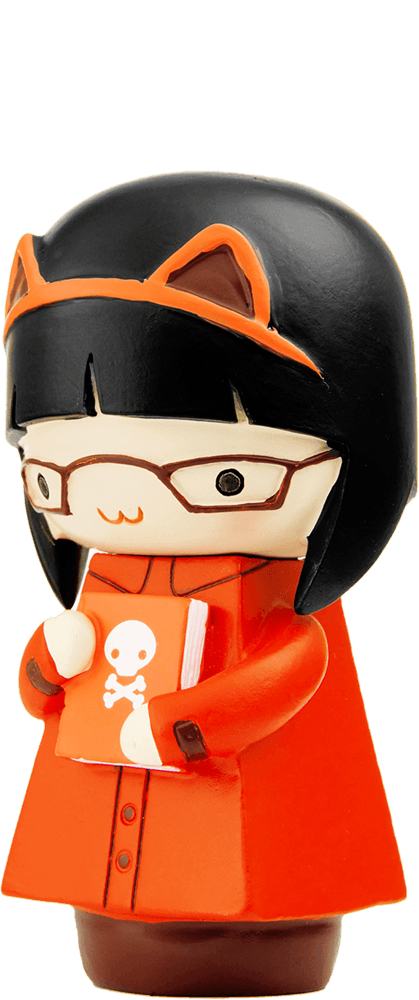 Clarice Momiji doll with glasses, black hair, cat ears, orange outfit and holding a red book. Cute and collectible. — Momiji Doll