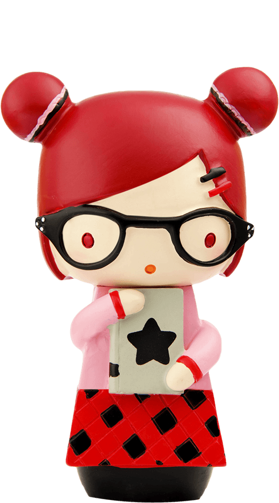 Alex Momiji doll with red hair, glasses, pink top, holding a gray book featuring a black star. Kawaii collectible character. — Momiji Doll
