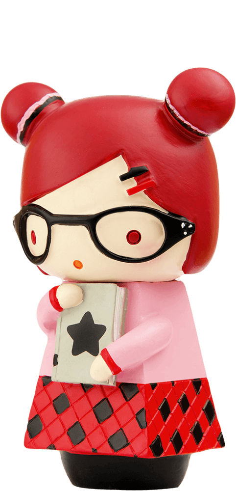 Alex Momiji doll with red hair in buns, glasses, pink outfit, and a book featuring a black star on the cover. — Momiji Doll