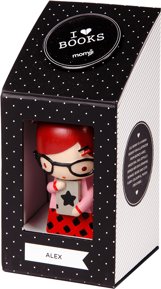 Boxed Momiji doll Alex with red hair, glasses, and a book. Designed by artists, each kawaii doll has a hidden message inside. — Momiji Doll